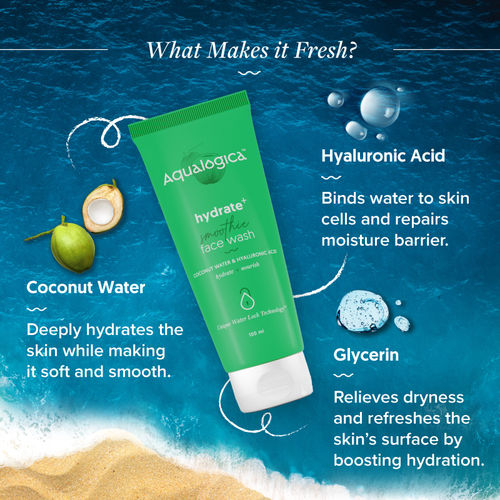 Aqualogica Hydrate+ Face Wash for Deep Cleansing & Hydration with Coconut Water & Hyaluronic Acid, 100Ml