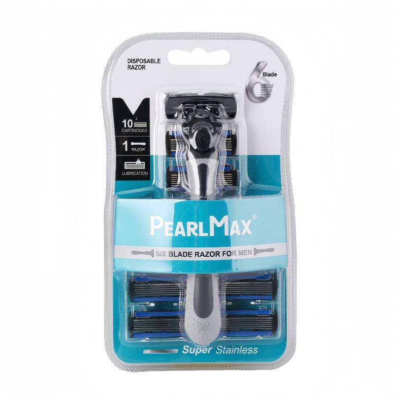 PearlMax Six Blade Razor (Black) | Disposable Razor | Super Stainless | 10 Catridges