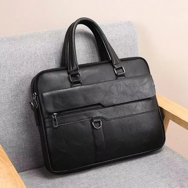 Men's Solid Color Pu Leather Zipper Handbag