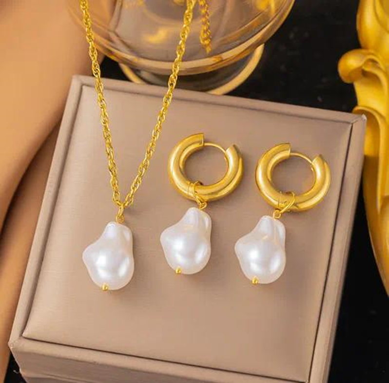 Gold Plated Drop Pearl Mini Earring with Necklace