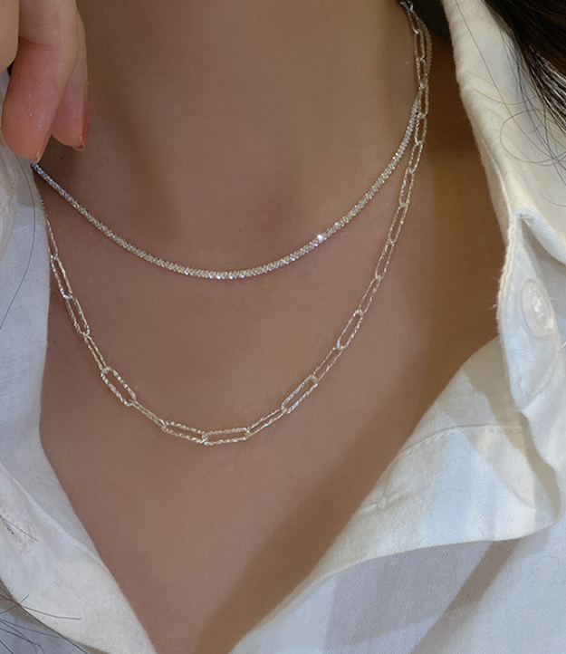  Shiny Silver Themed 2 Layer Necklace - Layered Choker 