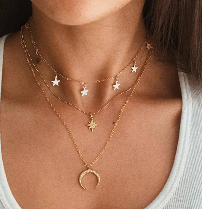 Luxurious Multilayer Alloy Star Pendant Moon Stacking Necklace 