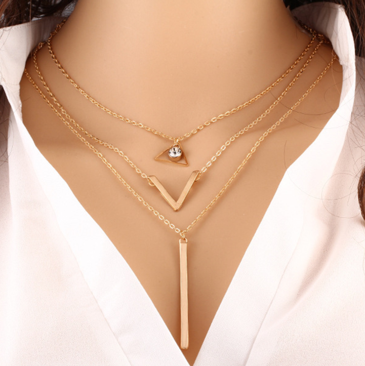 Gold Plated Triple Layered V Pendant Necklace