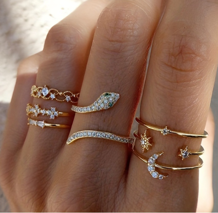 7pcs/set Boho Moon Star Gemstone Snake Design Stacking Rings