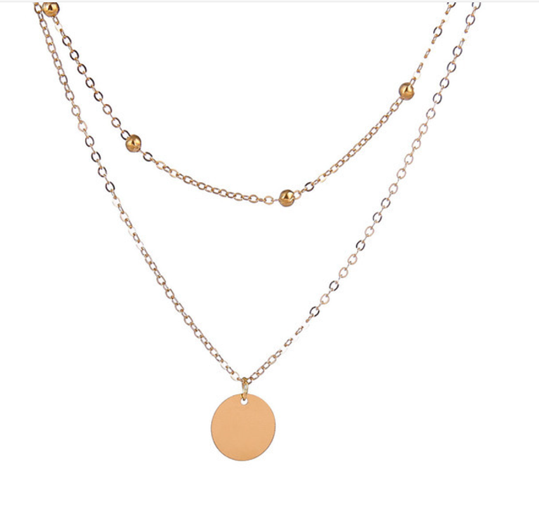 Women's Necklaces Double-layers Gold Color Short Chain Round Piece Pendants