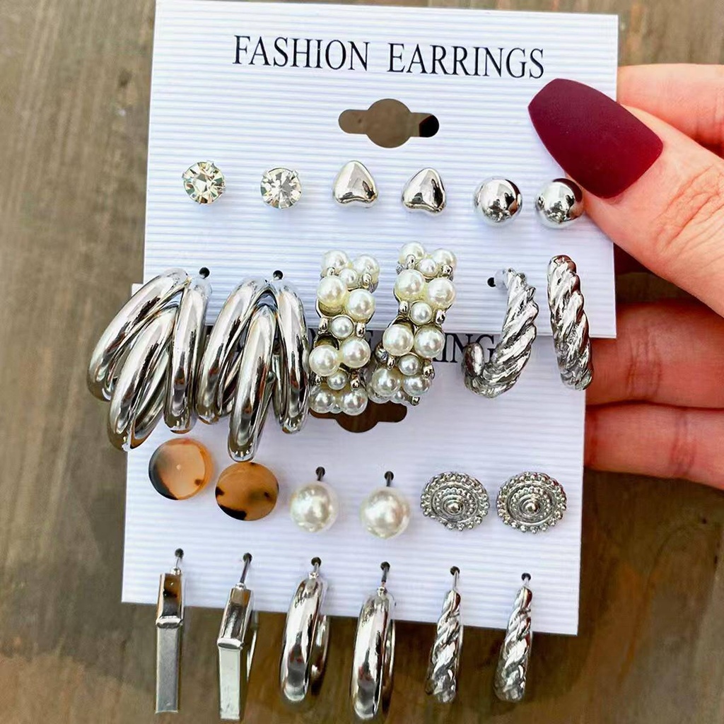 12 Pairs Everyday Office and Daily Wear Silver Earrings Set