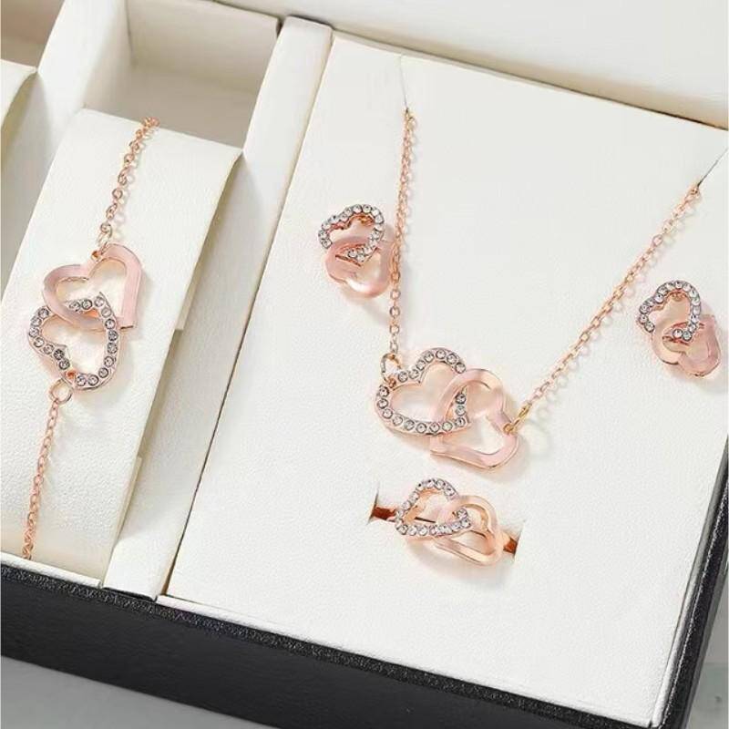  Rose Gold Heart Decor Necklace Earrings Bracelet Jewelry Set (4 Pieces) - Complete Gift Set 