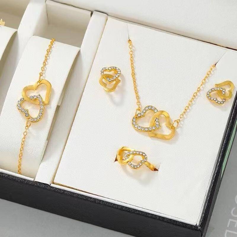 4 Pieces Heart Decor Necklace Earrings Bracelet Ring Set 