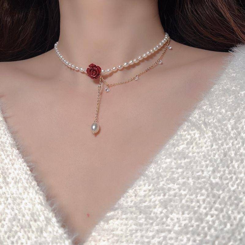 Sweet Rose Flower Imitation Pearl Alloy Beaded Inlay Rhinestones Women's Choker