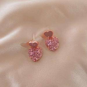 Love Pink Full Diamond Earrings-Silver Needle