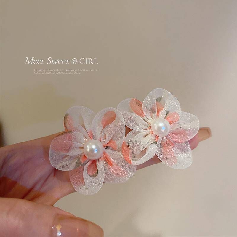 Tulle Flower Pearl Stud Earrings