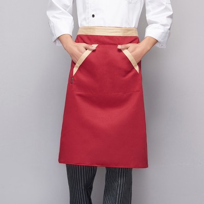 Red Half Apron with Slanted Pockets and Gold Edges