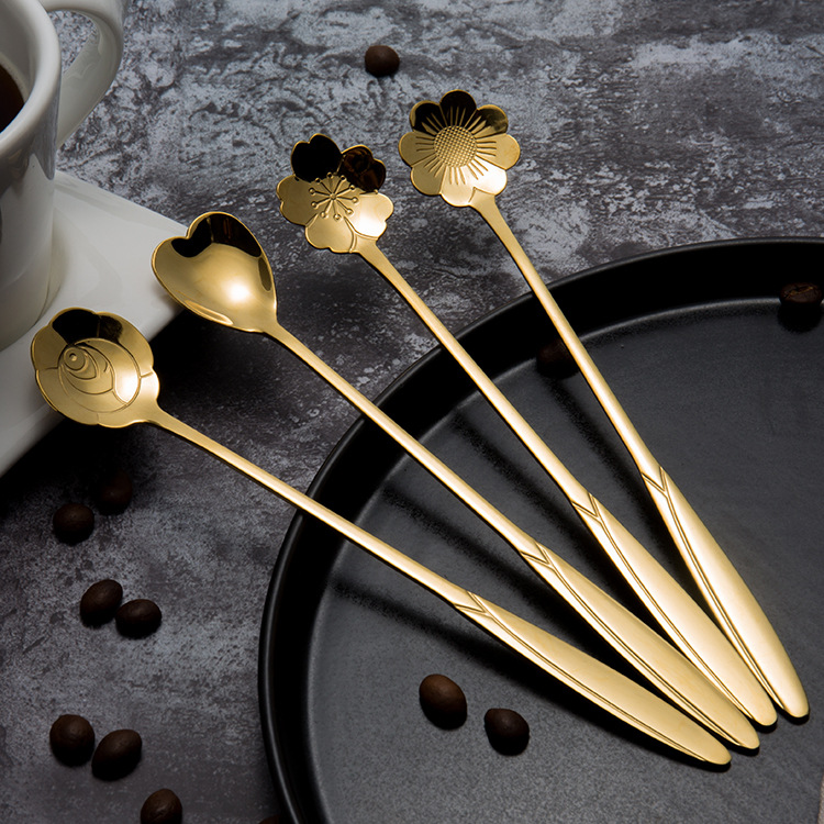 Long Handle Stainless Steel Spoon - Gold, 4 Pieces