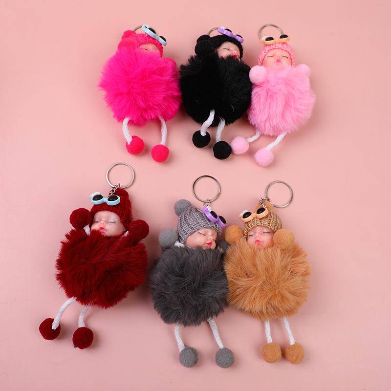 Cute Fluffy Pompom Sleeping Baby Keychain