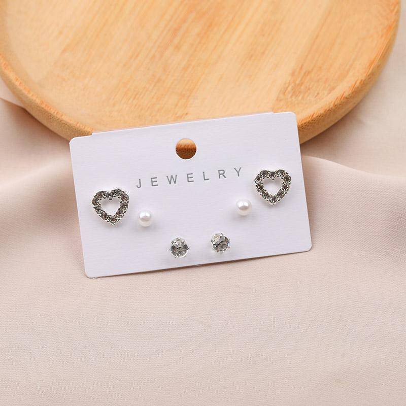 Fine Heart Diamond 3 Pairs Stud Earrings 
