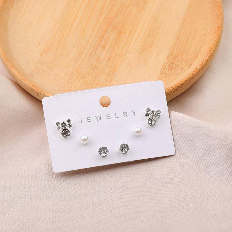 Korean Vintage Pearl Diamond 3 pair Stud Earrings 
