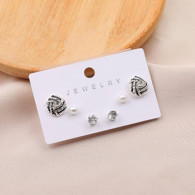Pearl Diamond Rotating Petal 3pair Stud Earrings 