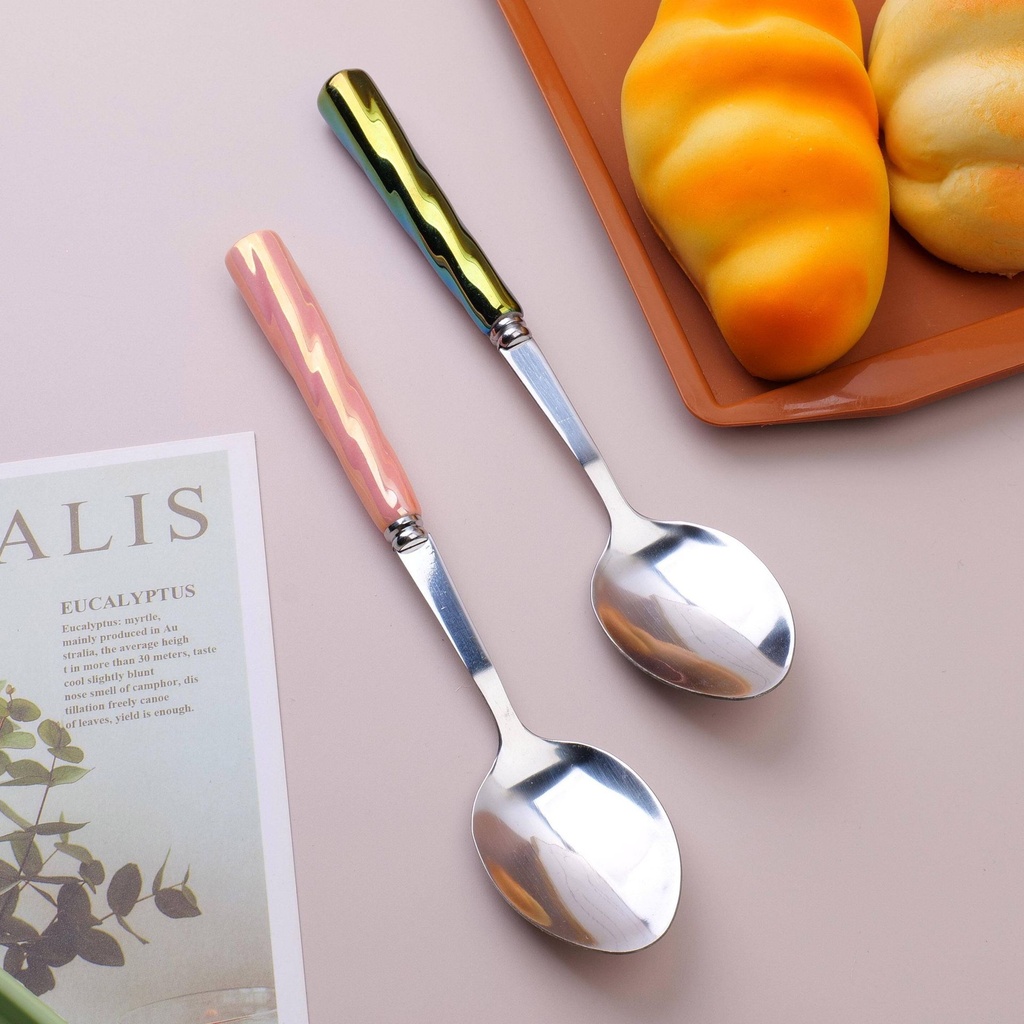 Stainless steel round spoon with threaded colorful ceramic handle