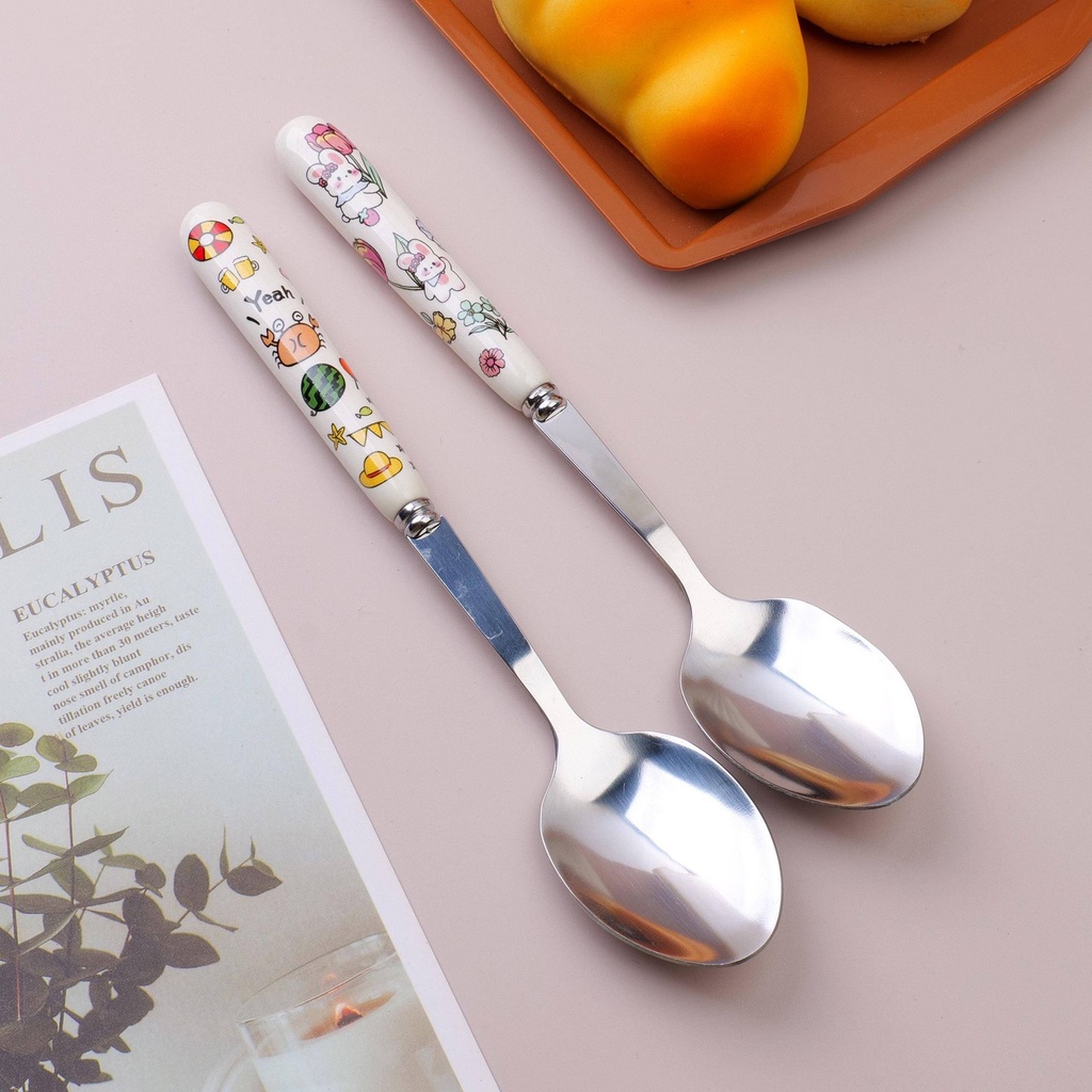 Cartoon head stainless steel round spoon with ceramic handle