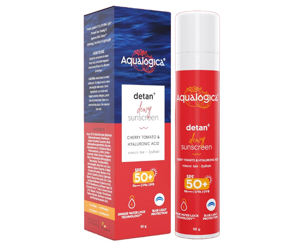 Aqualogica Detan+ Dewy Sunscreen with Cherry Tomato & Hyaluronic Acid with SPF 50 & PA++++