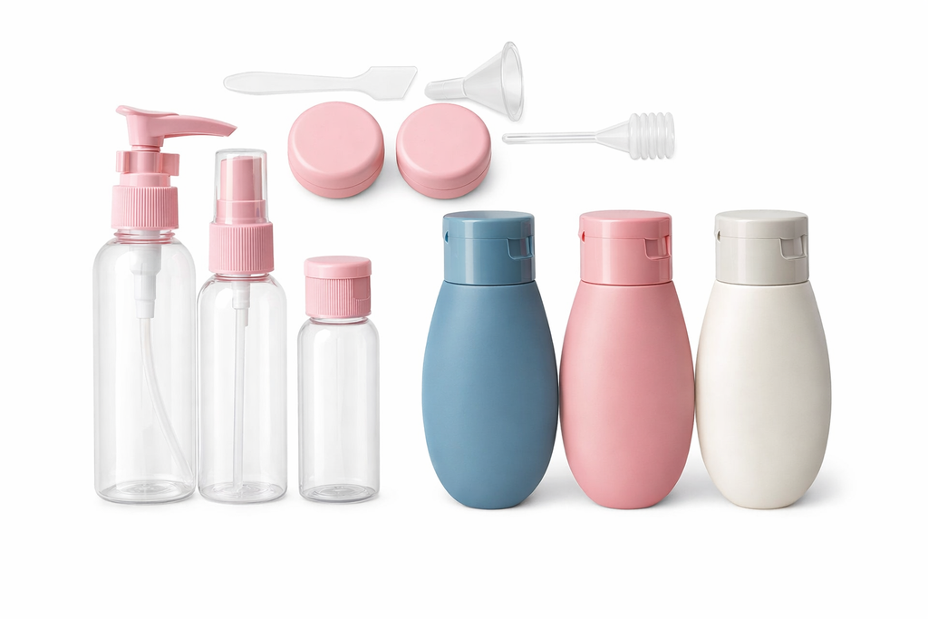 Travel Cosmetic Bottles – Refillable Mini Empty Plastic Containers with Pump, Spray, and Squeeze Options