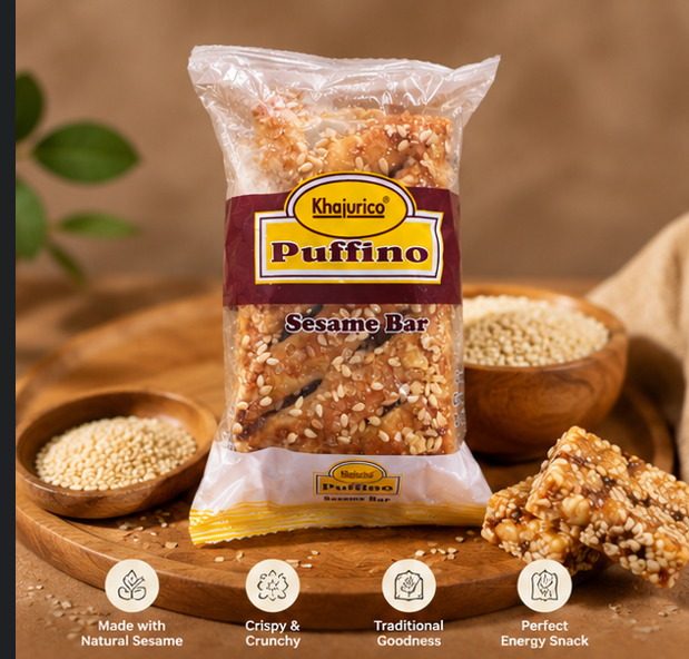 Khajurico Puffino Sesame Bar 35g | Crispy Sesame Seed Snack Bar | Sweet Crunchy Energy Treat for Kids & Adults (Pack of 12)