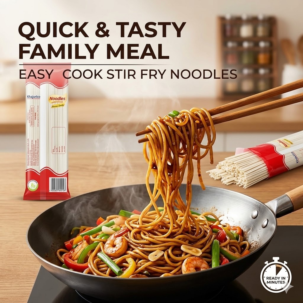 Khajurico Stick Noodles 600g | Instant Wheat Noodles Pack | Quick & Easy Tasty Meal | Family Size Stir Fry Noodles