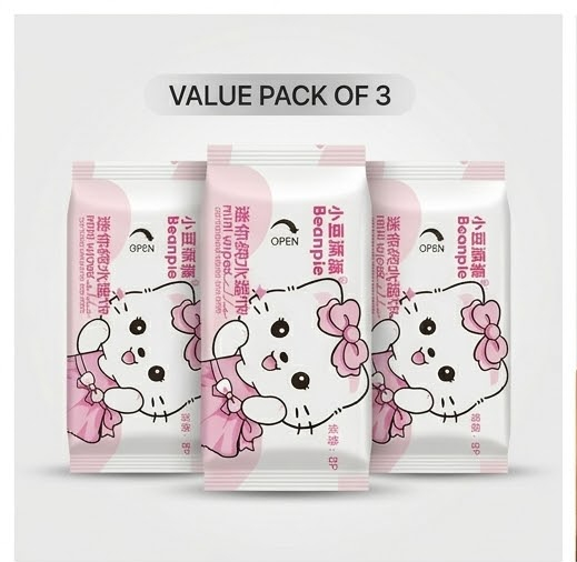 Beanpie Mini Wet Wipes (8 Pcs Pack) - Alcohol-Free Pocket Size Pure Water Moist Tissues for Travel & Hand Cleansing 