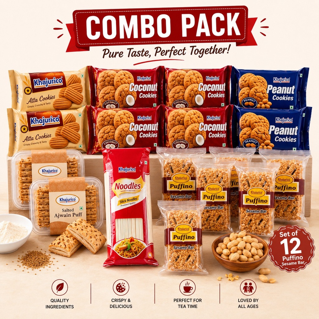 Khajurico Mega Snack Combo Pack | 2x Peanut, 2x Coconut, 2x Atta, 2x Quminie Cookies + Salted Ajwain Puff + Puffino Sesame Bar (12 Pcs) + Stick Noodles