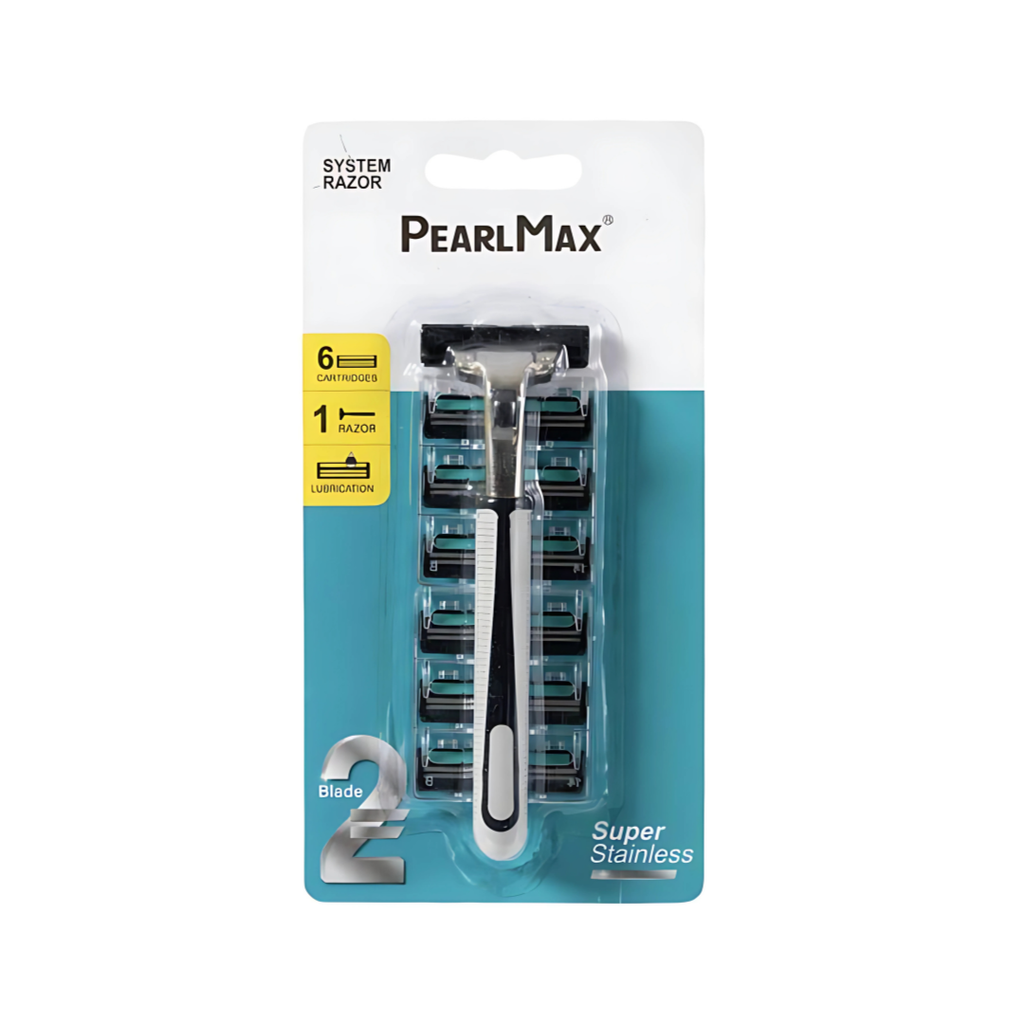 PearlMax Twin Blade Razor (Black) | Disposable Razor | Super Stainless | 6 Cartridges