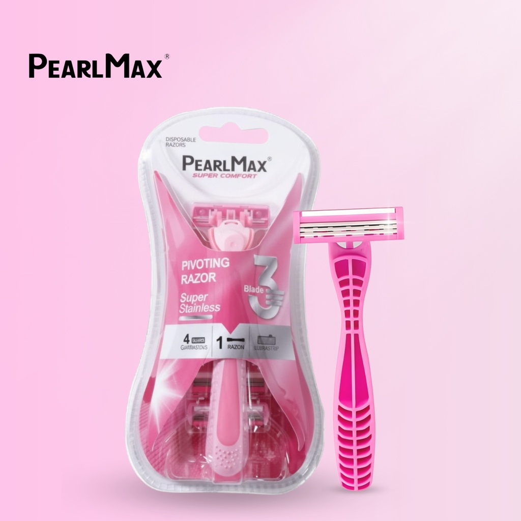 PearlMax Triple Blade Razor (Pink) | Disposable Razor for Women | Super Stainless | 4 Catridges