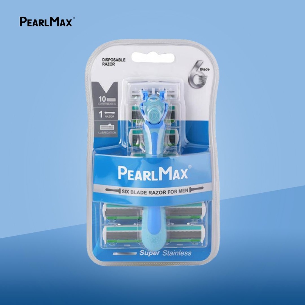 PearlMax Six Blade Razor (Blue) | Disposable Razor | Super Stainless | 10 Catridges