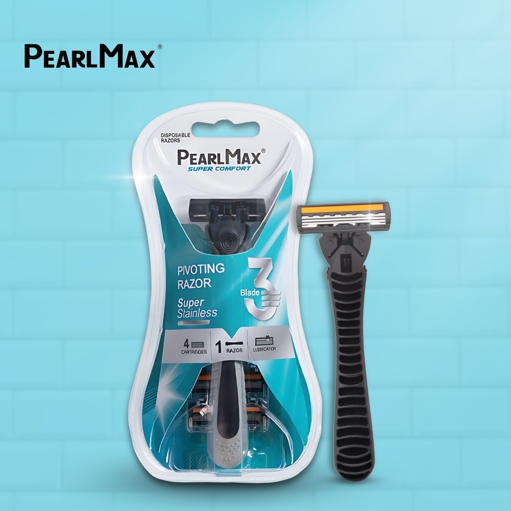PearlMax Triple Blade Razor (Black) | Disposable Razor | Super Stainless | 4 Catridges