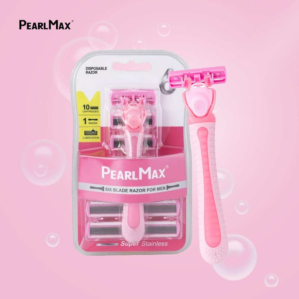 PearlMax Six Blade Razor (Pink) | Disposable Razor for Women | Super Stainless | 10 Catridges