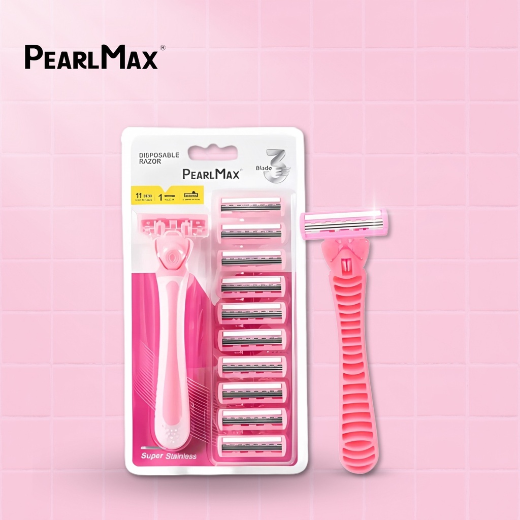 PearlMax Triple Blade Razor (Pink) | Disposable Razor for Women | Super Stainless | 11 Catridges