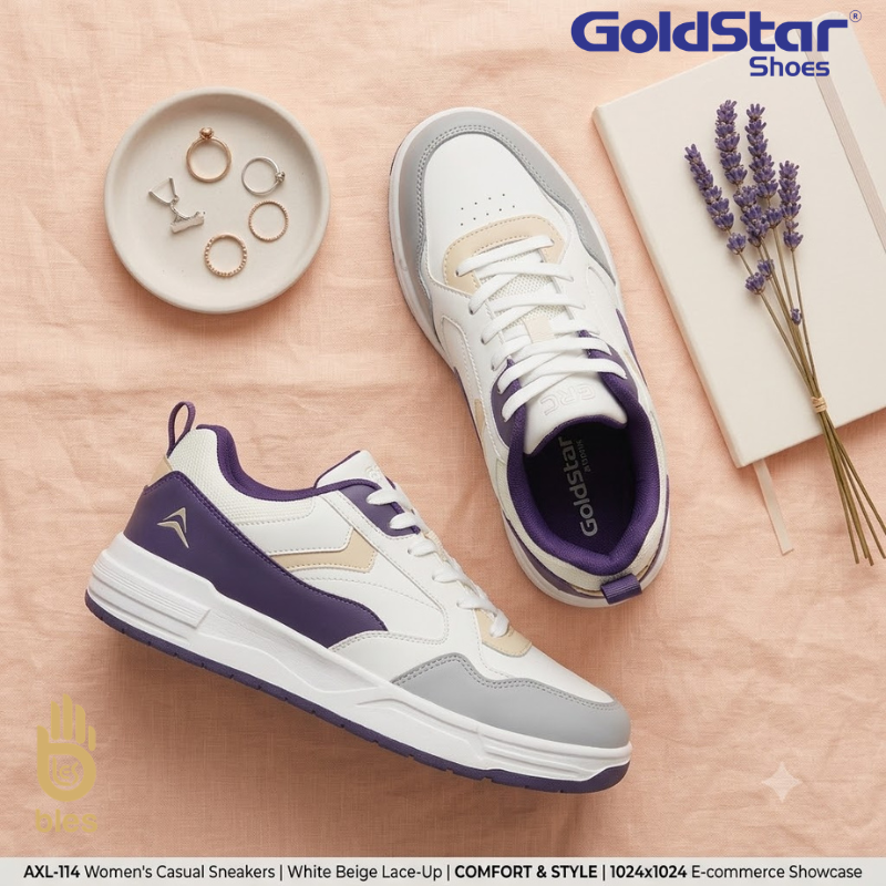 Goldstar AXL-114 Women's Casual Sneakers Beige Purple Lace-Up Comfort Shoes