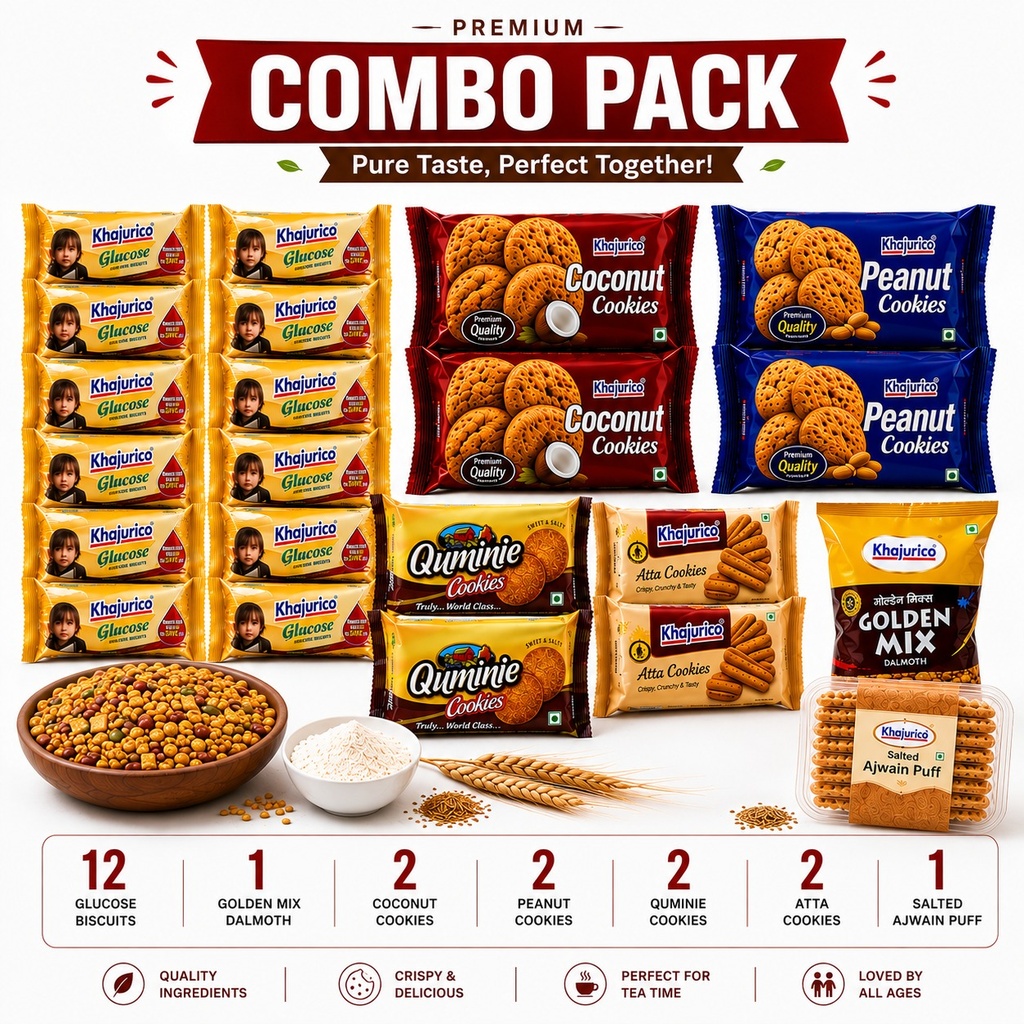 Khajurico Mega Snack Combo Pack | 10x Glucose Biscuits, 2x Atta, 2x Butter, 2x Peanut, 2x Quminie Cookies + Golden Mix + Ajwain Puff