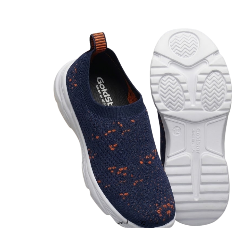 Goldstar G10-P413 Kids Slip-On Running Shoes – Breathable Mesh Lightweight Sports Sneakers for Boys & Girls (Navy/Orange)
