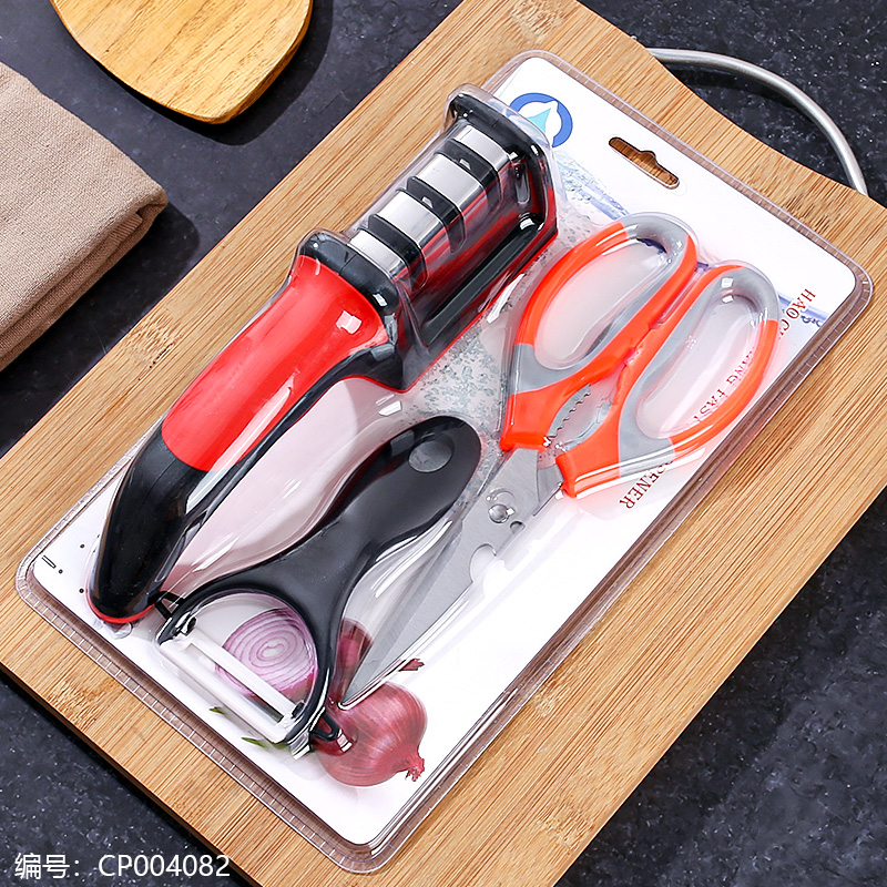 3-Piece Red Knife Sharpener, Melon Plane & Scissors Set | Kitchen Tools, Sharpener Set
