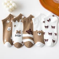 Cartoon Bear & Striped Pattern Ankle Socks