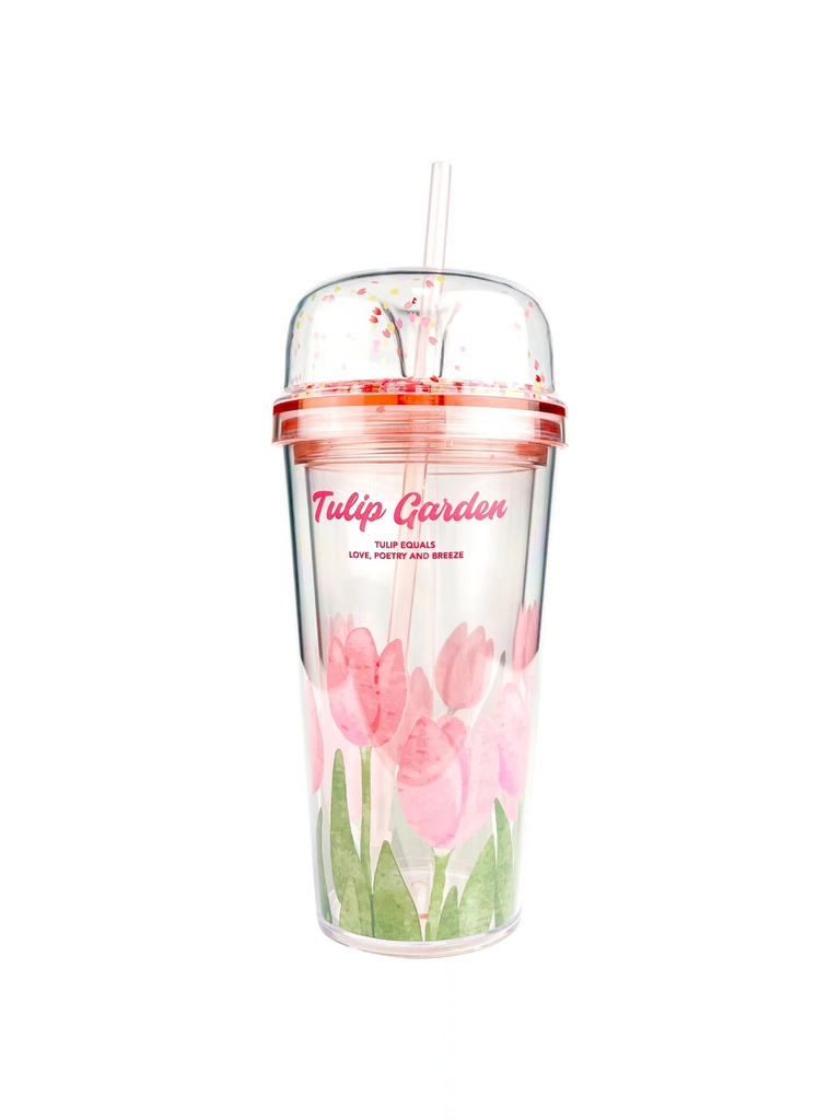 Tulip Garden Collection Double Wall Plastic Tumbler with Straw (480mL)