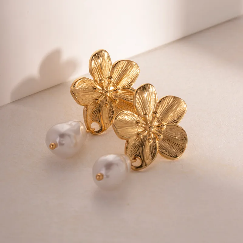 Flower Inlay 304 Stainless Steel Pearl Drop Earrings